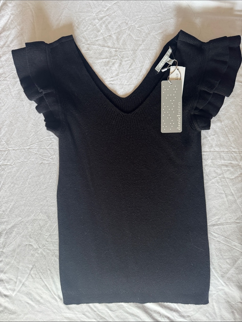 Daniel Rainn Black V-Neck Knit Top with Ruffle Cap Sleeves